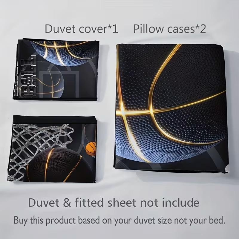 3pc Slam Dunk Pattern Bedding Set, Basketball Letter Print Duvet Cover Set, includes 1 duvet cover and 2 pillowcases, suitable for single, double, and king-size beds, available in multiple sizes.  Ideal for bedrooms, guest rooms, dormitories, and hotels