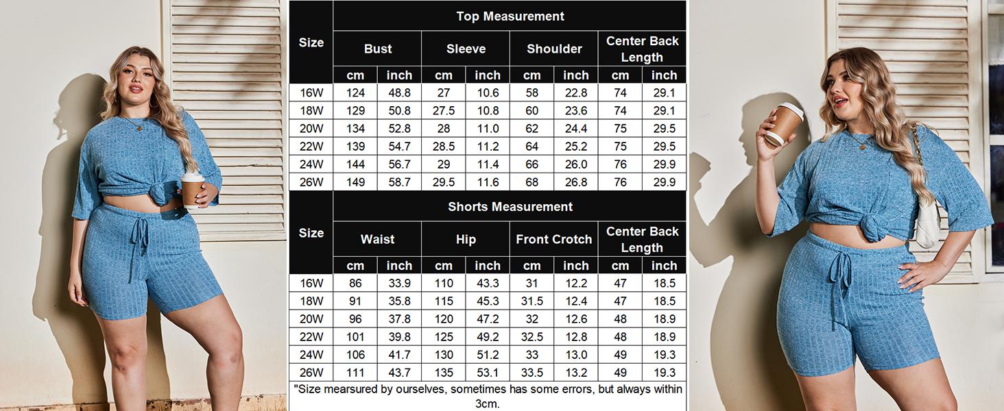 Plus Size Women's 2 Pack Tracksuit Outfits Sets Ribbed Knit Sets Short Sleeve Top Drawstring Casual Shorts Set Comfy Womenswear Clothing Elastic#US 2025 Deals for You Days