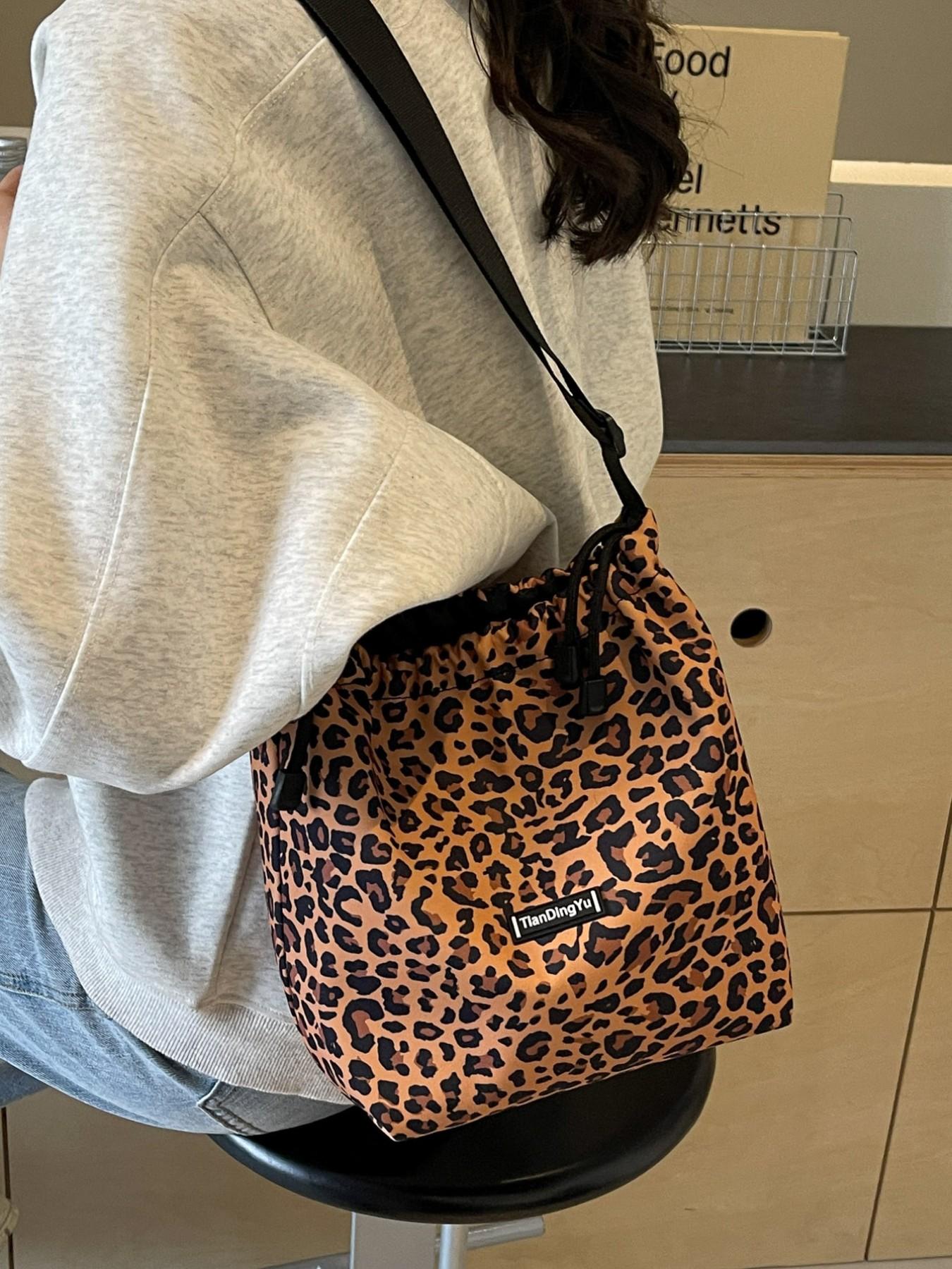 Women's Leopard Print Drawstring Bucket Bag, Lightweight Nylon Crossbody Shoulder Purse, Adjustable Strap, Casual All-Season Handbag