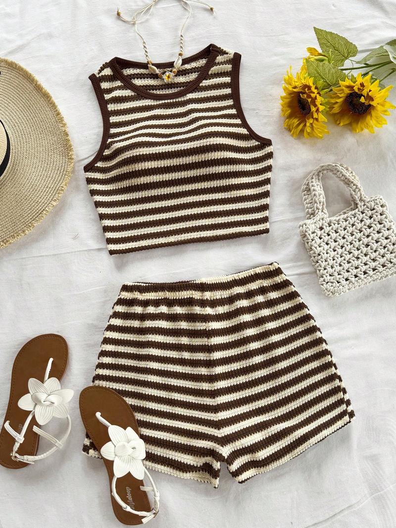 Women's Casual Knitted Striped Backless Short Sleeve Top with Elastic Waist Shorts, Perfect for Vacation Wear, 2 Piece Set