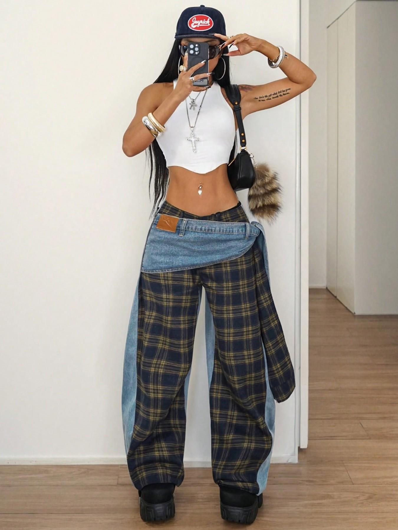 Women's Patchwork Plaid Side Tie Wide Leg Jeans, Fashionable Comfort Design, Perfect for Daily Wear, Trendy Stylish Accent, Casual Loose Jeans