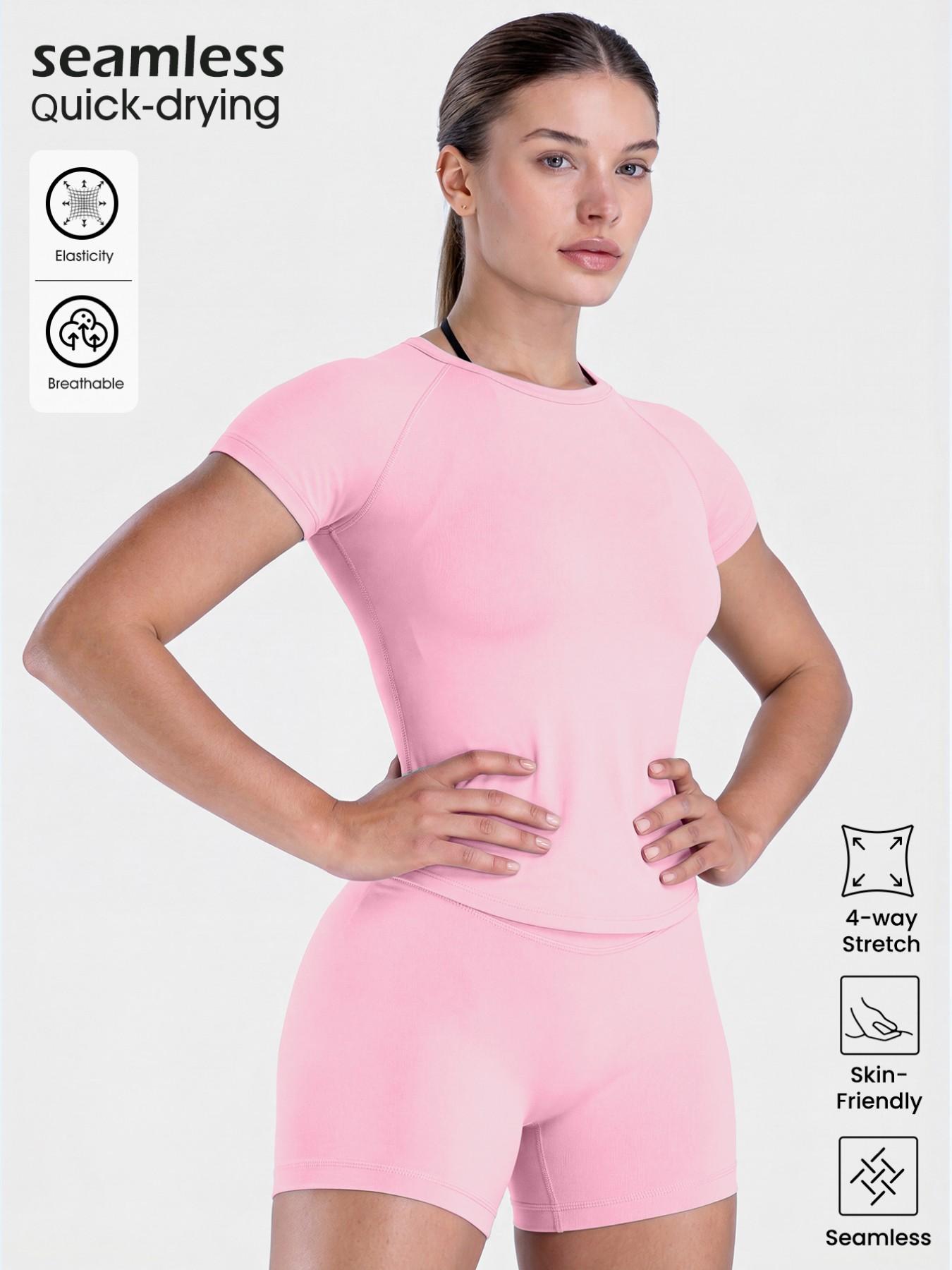 Women's New Nylon High Stretch Moisture Wicking Seamless Short Sleeve Fitness T-Shirt, Butt Coverage Long Sleeves