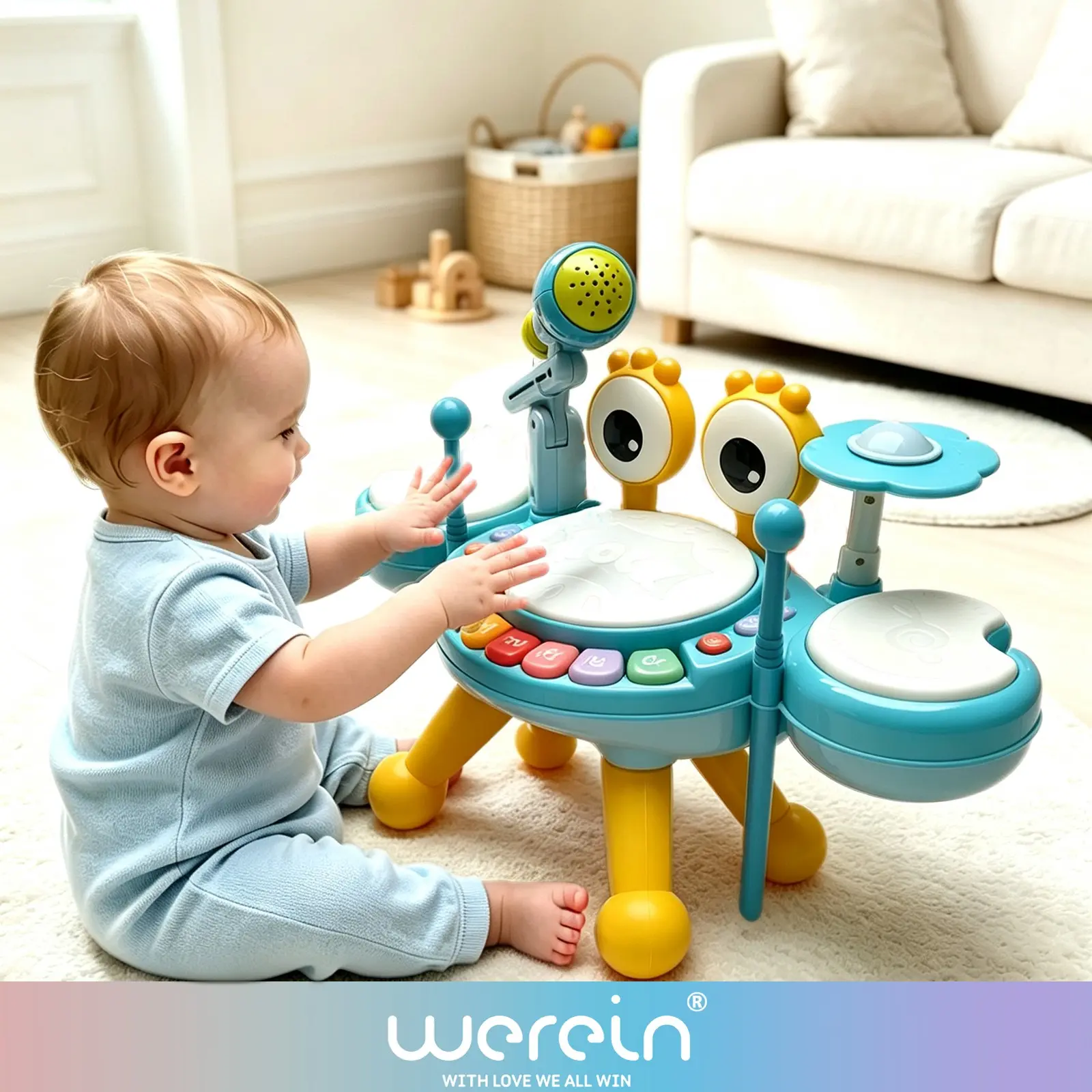 Infant Drum Set Toy, Crab Shape, Detachable, Multi-Scene Use, Includes Whistle, Hand Bell, Microphone, No Battery Required, Cute