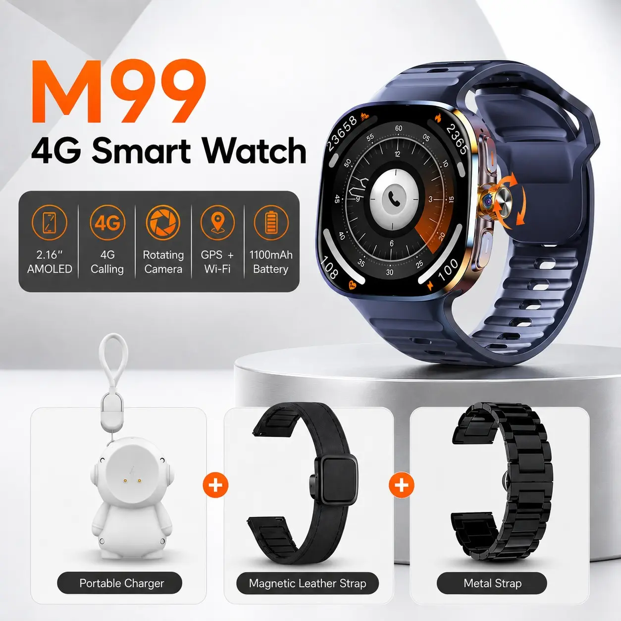 M99 4G Smart Watch with Rotating Camera, Large Touch Screen, GPS WiFi, Fitness Tracker, Calling Smartwatch Gift Set for Men Women