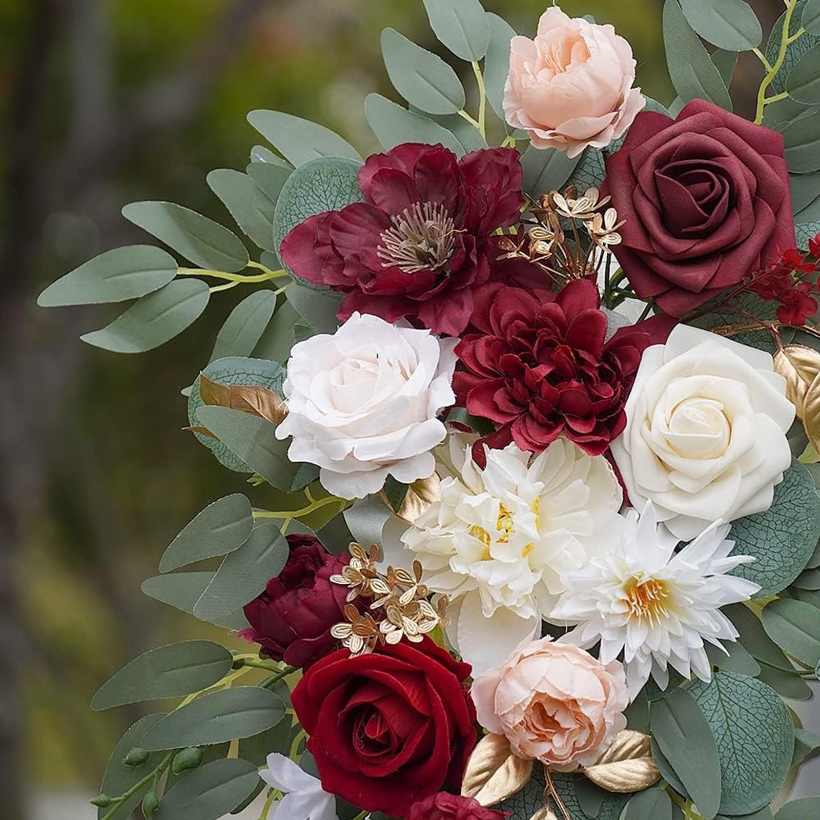 2-piece set of elegant and noble red artificial flower wedding arch decorations, paired with romantic red and white roses, bright red dahlias, and pink peonies, is ideal for receptions and home decorations