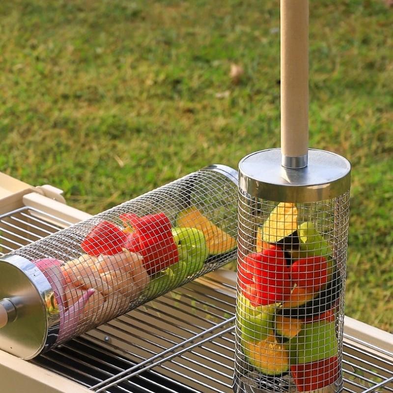 Upgrade BBQ Grill Basket, Portable Outdoor BBQ Net, Rotating Round Grill Tube, Ideal for Camping & Picnics, Durable Design