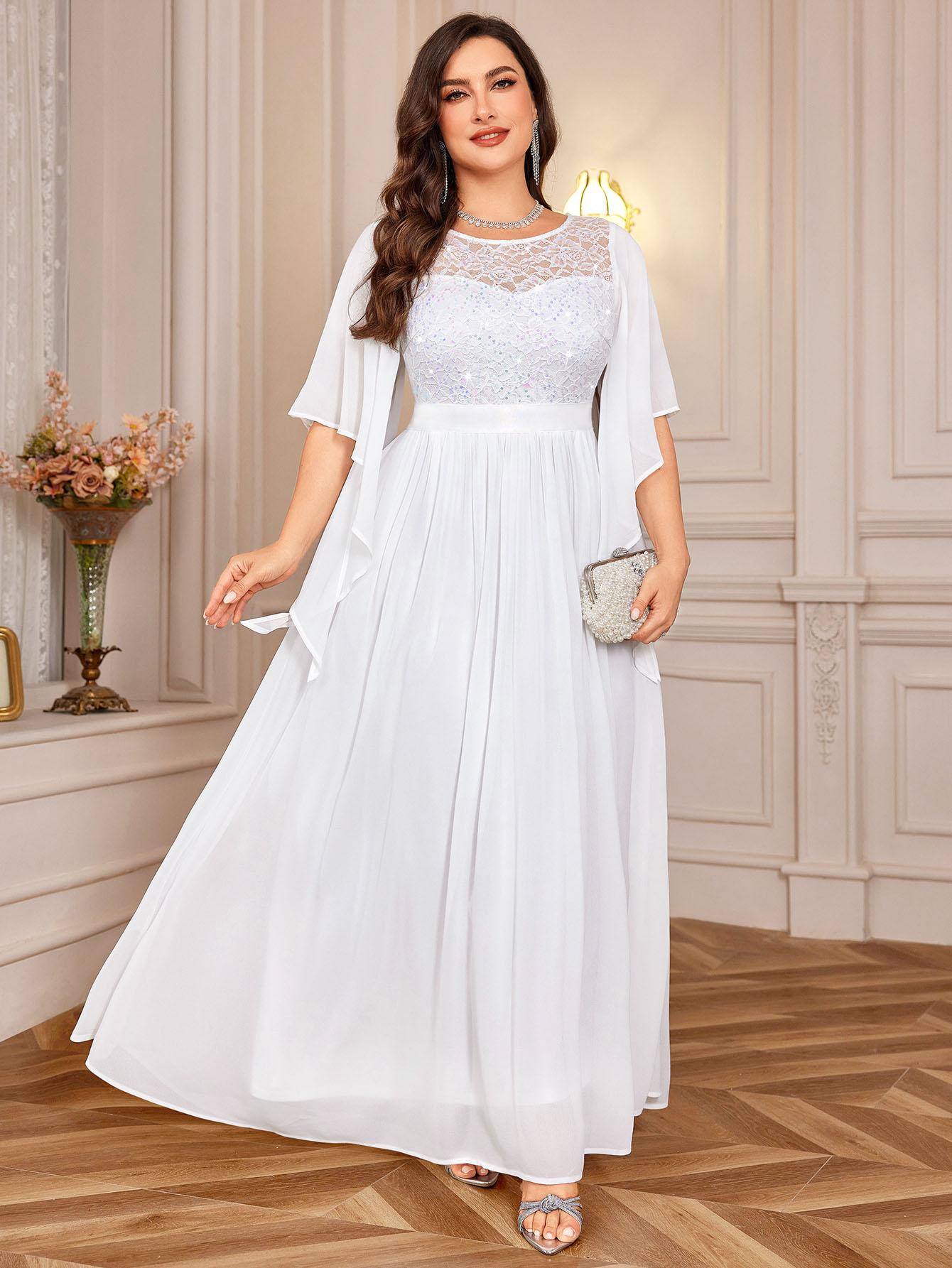 Miusol P83099 Plus Size Women's Sequin Floral Lace Chiffon Flare Sleeve Formal Dress Elegant Evening Gown All Seasons Party dress,Evening dress Normal Type  Womenswear Maxi Dress SpringStatements