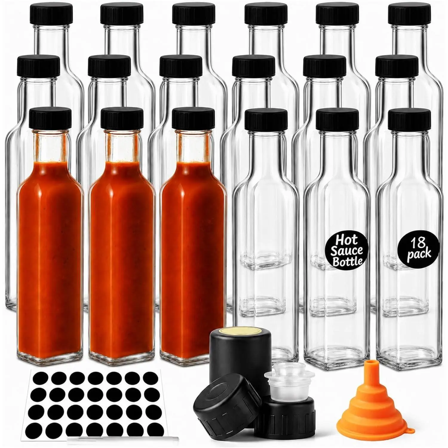 Hot Sauce Bottles 18Pack 8.5oz Square Glass Sauce Bottles with Lids | Hot Sauce Containers for Homemade Chili Oil, Vinegar, BBQ - Empty Glass Bottles for Liquid Storage & Gifts, Clear, Leakproof