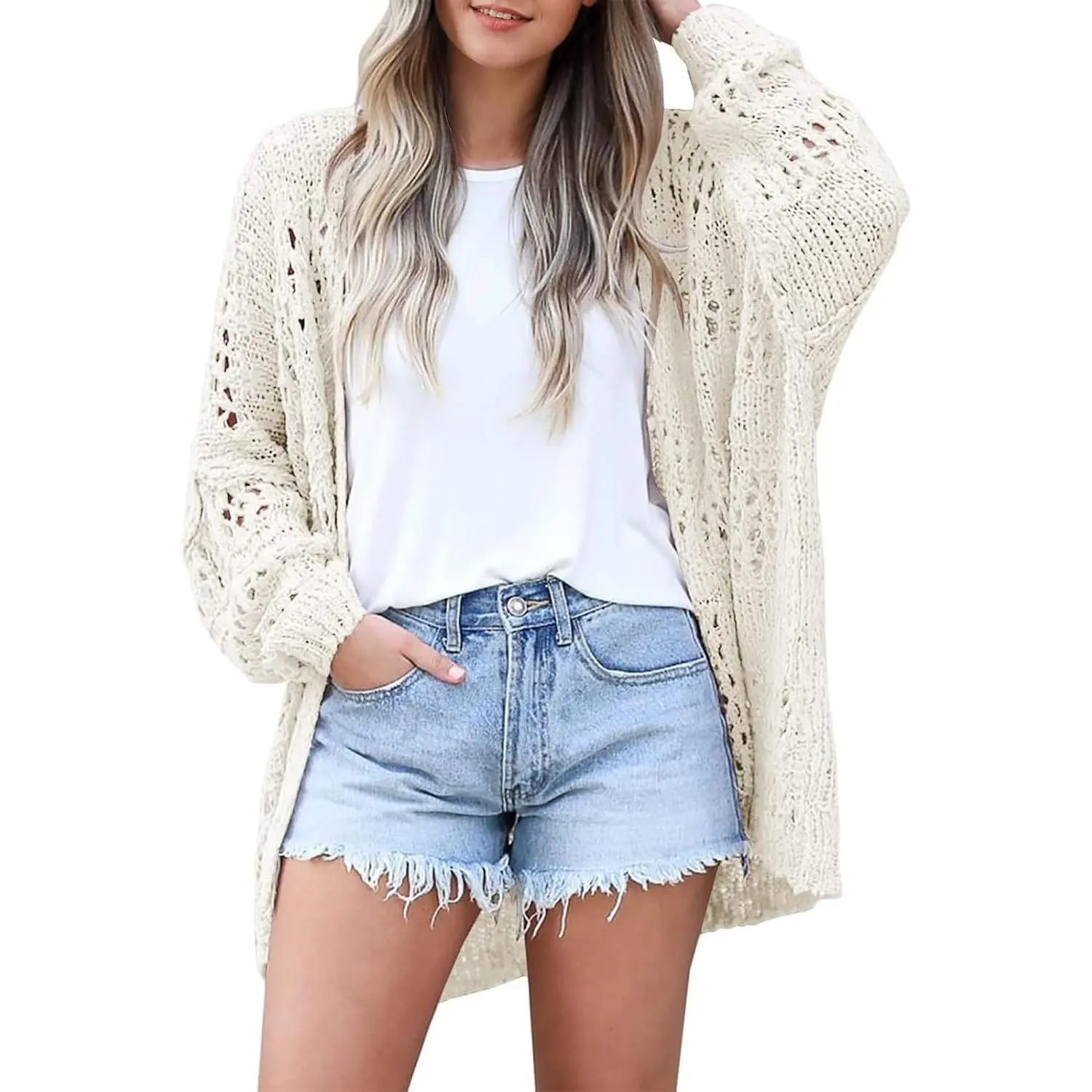 Women's Summer Crochet Lightweight Cardigan Cover Up Boho Kimono Long Sleeve Open Front Knitted OuterwearGift