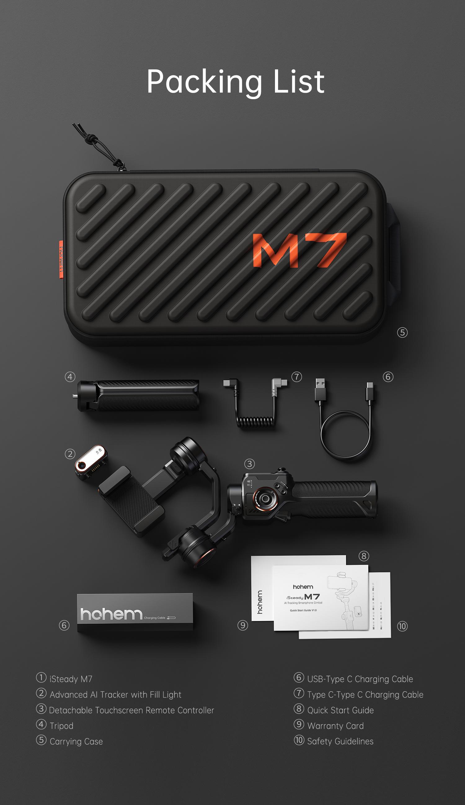 Hohem iSteady M7 Kit AI Tracking Smartphone New Gimbal Stabilizer 3-Axis with Magnetic Fill Light/AI Tracking Sensor for iPhone Android with 1/4-inch Color Tochscreen Display,Detachable Remote Controller, Max Payload 500g