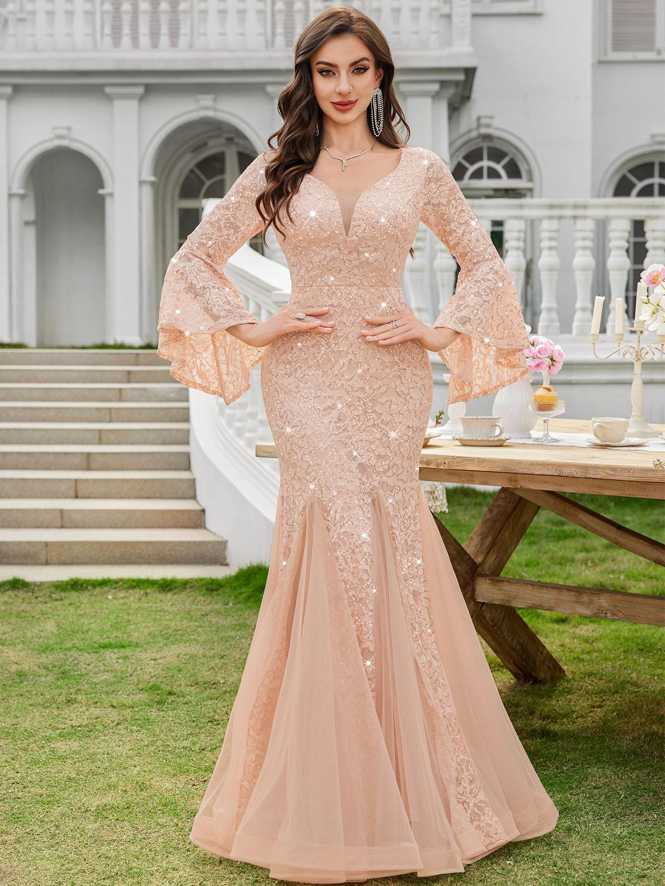 MIUSOL 24351A Women's Deep Vneck Sequin Lace Mesh Tulle Hem Long Sleeve  Formal Evening Maxi Dress for Cocktail Parties & Banquets, Party, Festival Womenswear