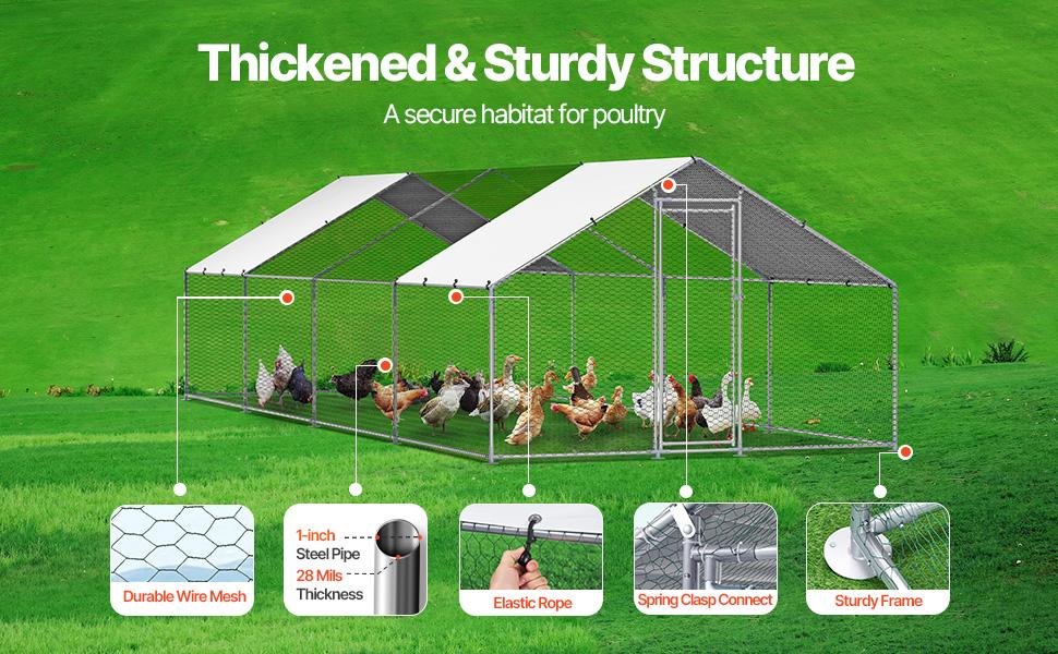 VEVOR Metal Chicken Coop, 9.8x26.2x6.5 ft Large Walk-in Chicken Runs with Cover, Spire Roof Hen House Enclosure with Security Lock, Outdoor Duck Rabbit Cage Poultry Pen for Backyard, Farm, Yard