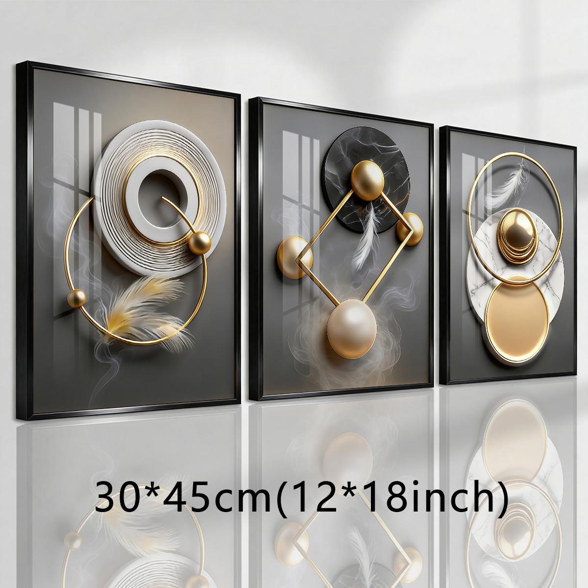 3 Counts Aluminum Alloy Framed Painting, Modern Abstract Geometric Gold And Feather Art Pictures, Home Decoration For Living Room, Bedroom, Office, Restaurant, Hallway Wall Decor, Odorless Print Artwork, Luxury Perfect Gift For Friends And Family