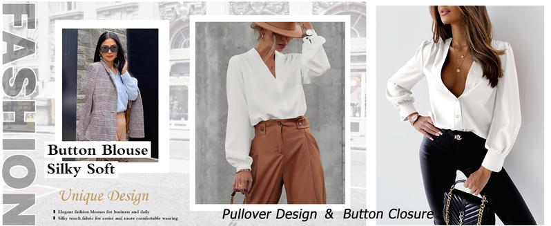 Women's Business Casual Tops Summer Long Sleeve Silk Button Down Shirts V Neck Chiffon Blouses