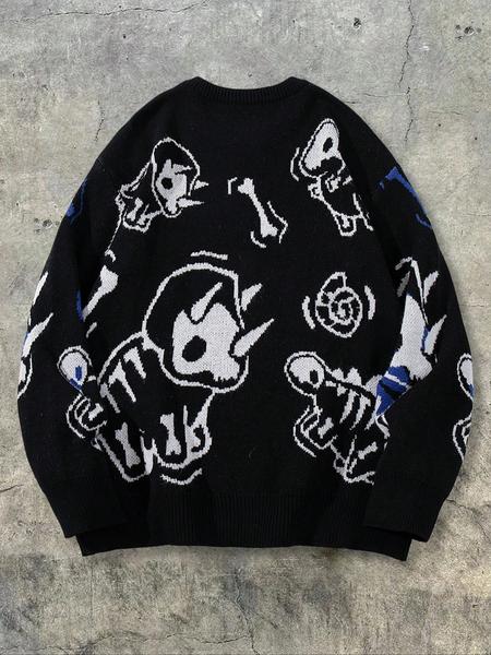 Men's Street Style Dinosaur Print Long Sleeve Round Neck Sweater, Casual Loose Fit Pullover for Spring & Fall Daily Wear