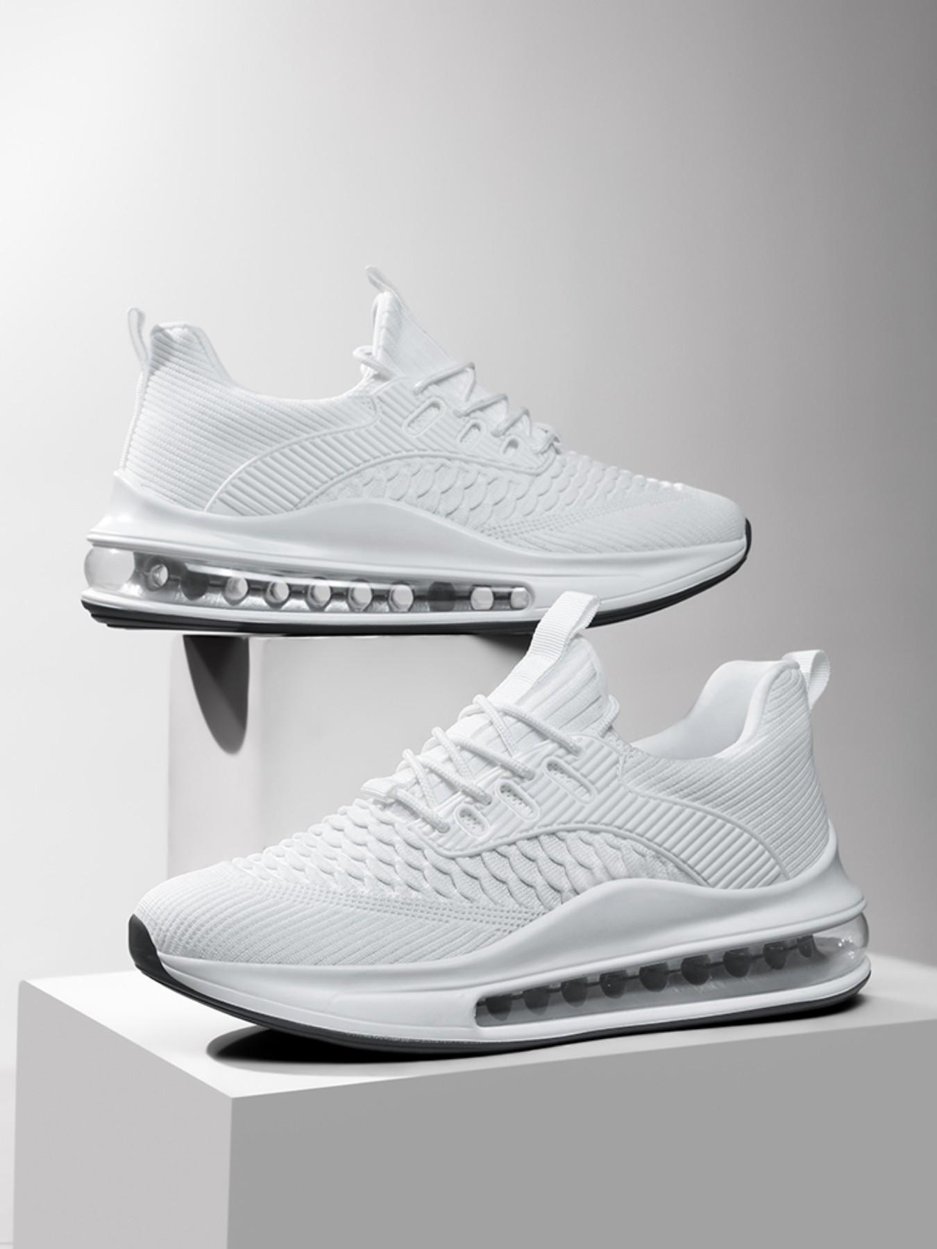 New Fish Scale Full Sole Air Cushion Running Shoes, Men's Flyknit Breathable Sport Shoes, Thick Sole Shock Absorption Casual Shoes