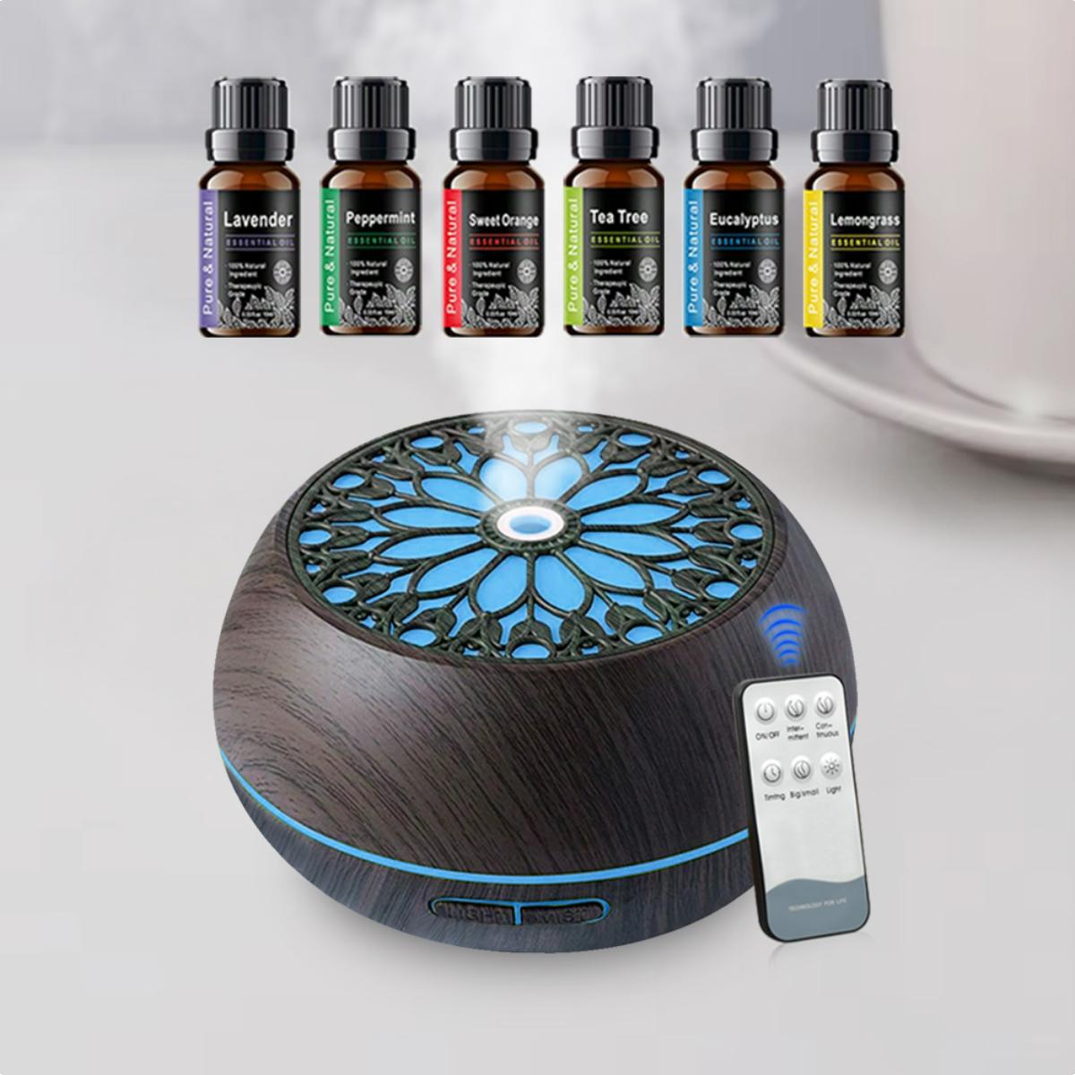 16.91oz 5-in-1 Essential Oil Diffuser for Clean Air, Humidity Control & Calming Aromas (Includes 6 Oils, Auto-Off Timer)