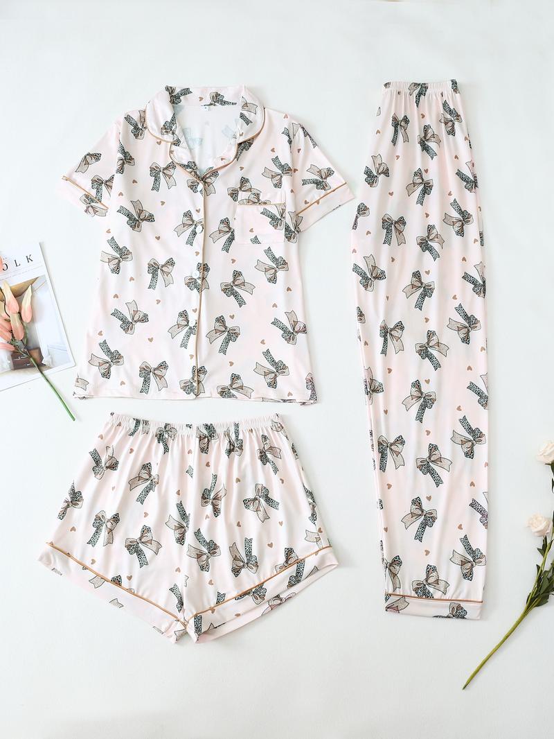 Three-piece Set Women's Bowknot & Heart Print Pajama Set, Cute Comfy Short Sleeve Tee & Elastic Waist Trousers & Shorts Pj Set, Ladies Sleepwear for All Seasons, Casual Sleepwear Set