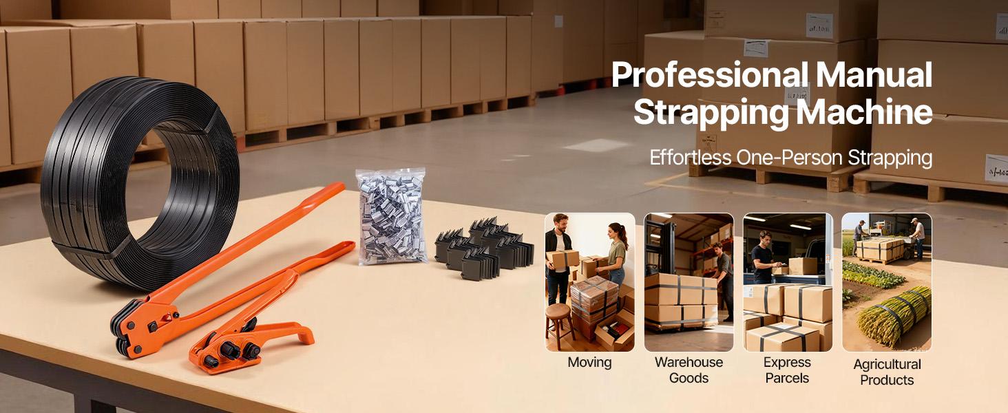 VEVOR Banding Strapping Kit, Heavy Duty Banding Sealer Tool with 2000 ft PET Band, 600 Metal Seals, 200 Corner Protectors, Plastic Pallet Packaging Strapping Kit for Warehouse, Transportation, Home