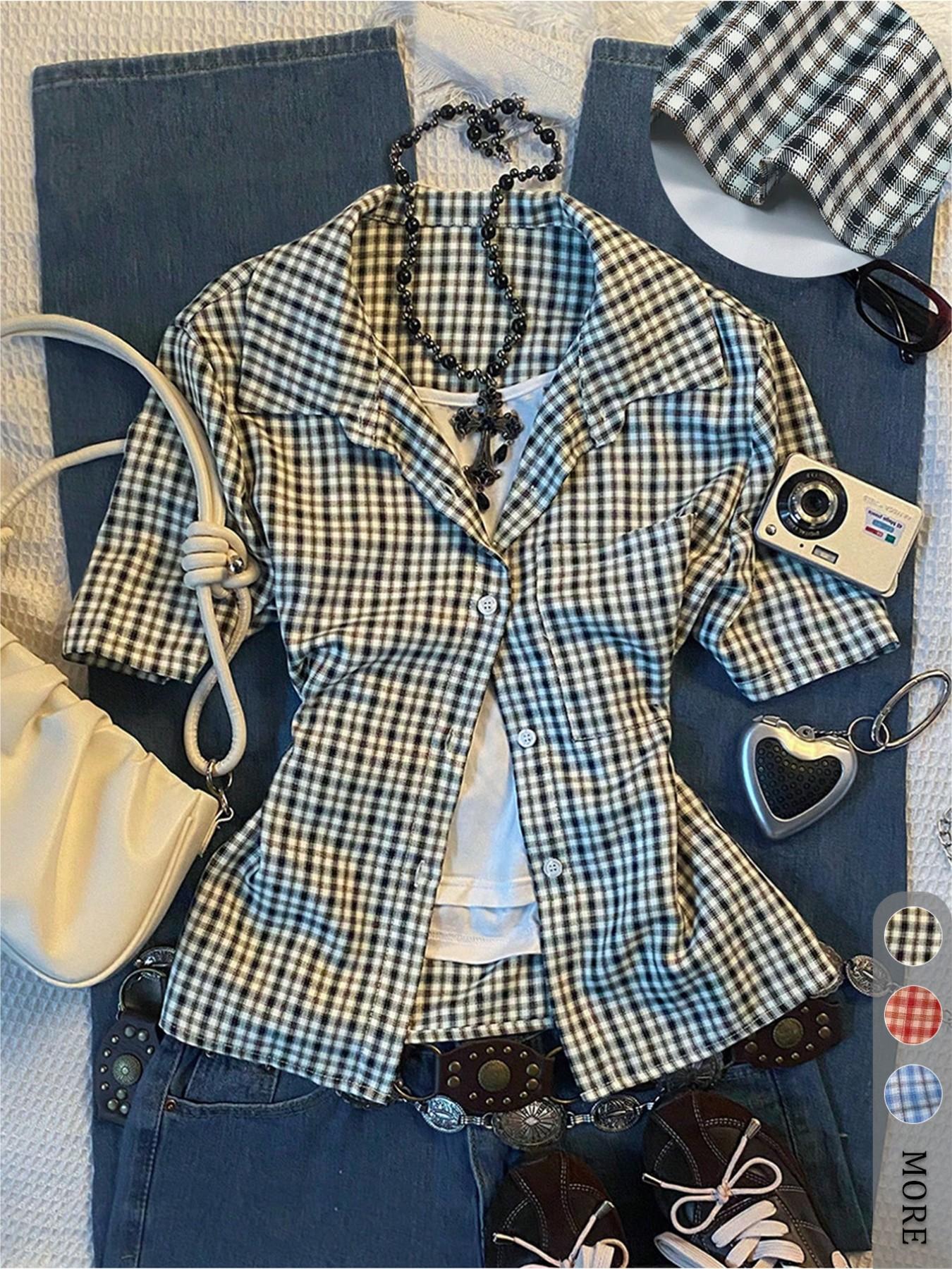 Women's Casual Retro Vintage Plaid Short Sleeve Shirt Blouse, Polo Neck Design, Comfortable Style, Casual Collared Top, Ideal for Daily Wear, Back-To-School Season, Casual Basic Top