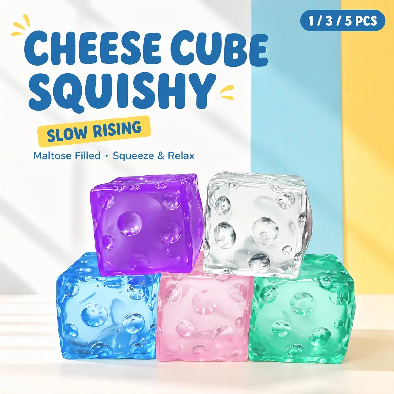 1/3/5PCS Crystal Clear Cheese Cube Squishy Toys, Maltose Filled Slow Rising Squeeze Toys in 5 Colors, Soft Fidgets Squishies, Soft & Sensory Fidget Cubes for Desk Breaks, Relaxing Play, Gifts & Everyday Fun, Colorful Handheld Squishies to Squish & Unwind