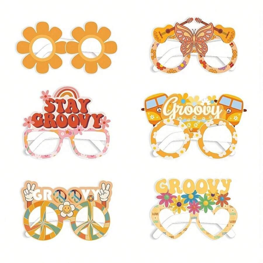 12 Pieces Hippie Theme Retro Paper Glasses, Fun Party Colorful Decorative Eyewear, Perfect for Birthday Vintage Party Decoration