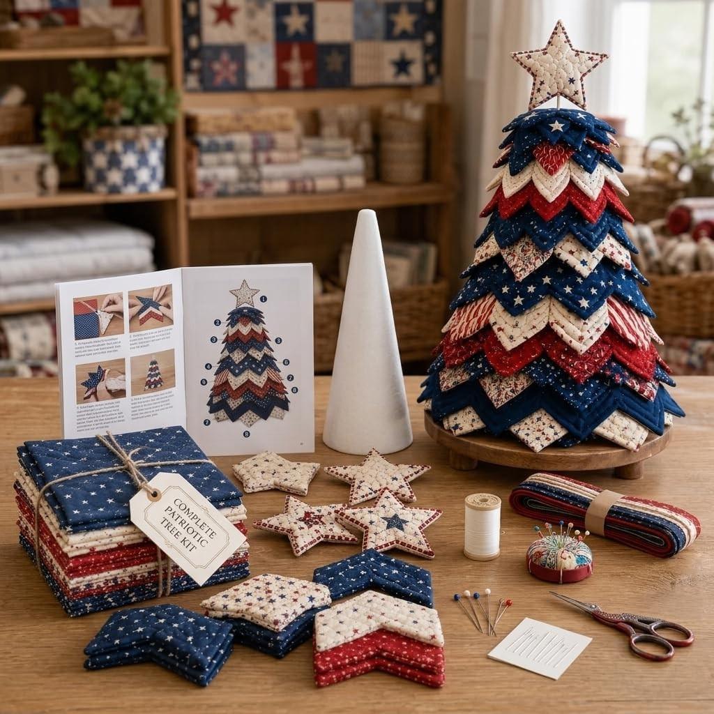 Americana Christmas Tree Quilt Kit,Christmas Patchwork Fabric DIY Kit (1PC) | Red,White,and Blue Stars & Stripes Patchwork Craft Kit for Adult Beginner,Gifts for Quilting Lover