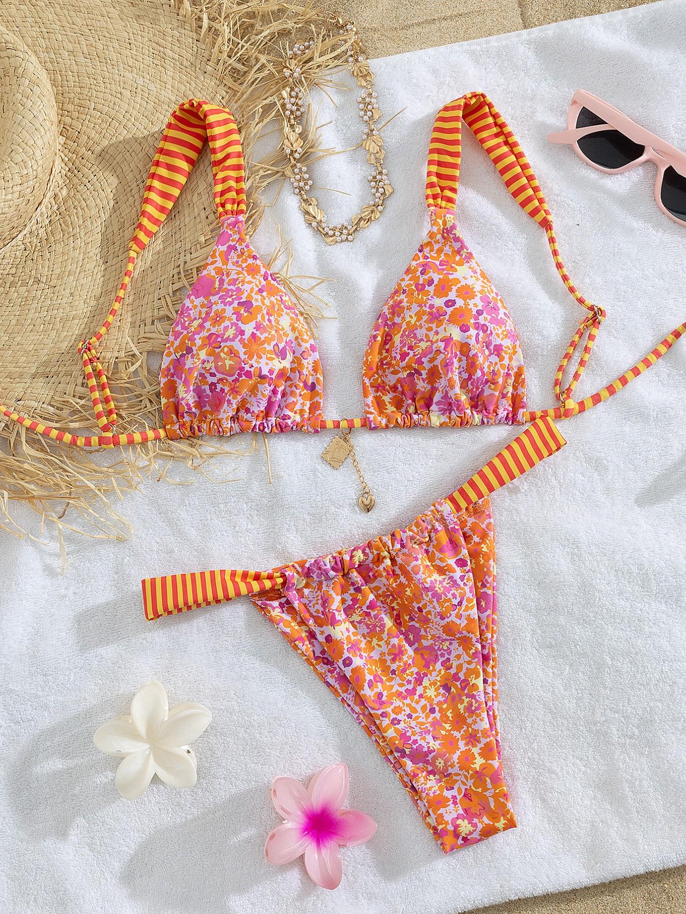 Women's Patchwork Print Bikini Set, Casual Adjustable Strap Tie Back Swim Top & Swim Bottom, Women's Swimsuit for Summer Beach Holiday Vacation, Patchwork Bikini Sets