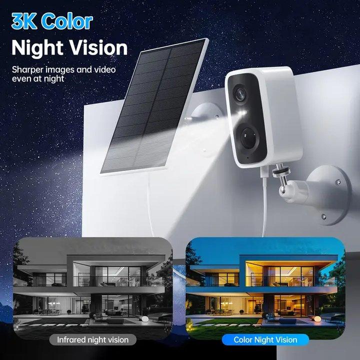 Solar Security Camera Wireless Outdoor/Indoor,  Battery Rechargeable Waterproof Continuous Power, Color Night Vision, SD Card/Cloud Storage
