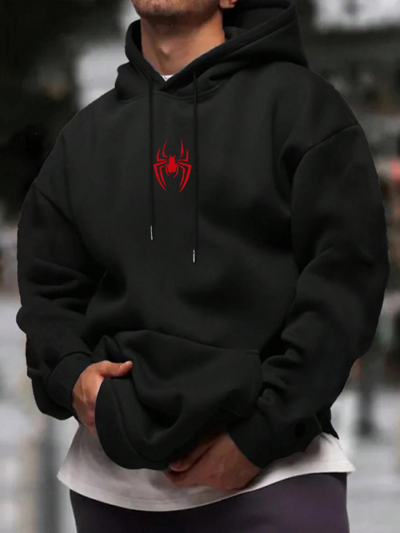 Men's Fall/Winter Spider-Print Hooded Sweatshirt with Drawstring and Kangaroo Pocket, Casual Street Fashion Hoodie, Casual Streetwear Hoodie, Comfortable Fabric, Fitted Graphic Sweatshirts