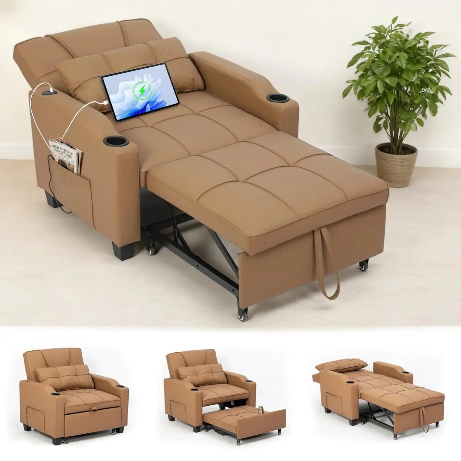 Convertible 4-in-1 Sleeper Sofa Bed and Recliner Chair with Vibration Massage, Lumbar Pillow, USB/Type-C Ports, Cup Holders, and Side Pocket for Compact Living Spaces