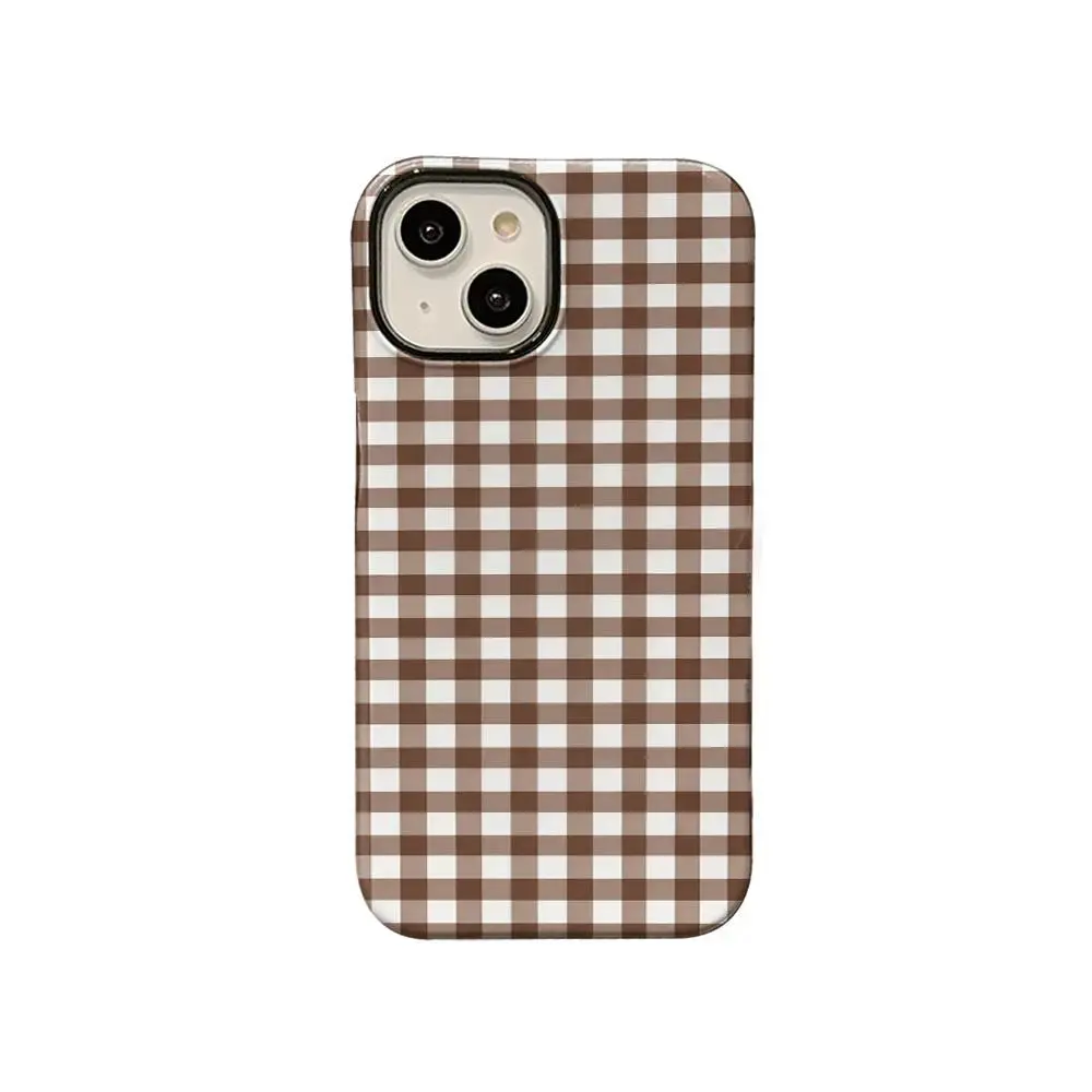 Brown Beige Gingham Plaid Custom Phone Case - Shockproof Protection Casing, Water Resistant Cover, Classic Farm Style Accessory for iPhone 17,16,15,14,13,12,11 Plus Pro Max, Warm Daily Gift