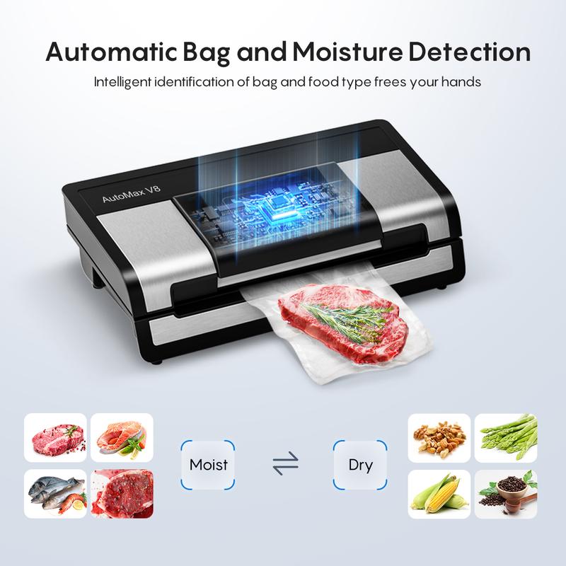 FRESKO AutoMax V8 Heavy Duty Vacuum Sealer Machine, Automatic Food Saver with Dry & Moist Modes, Built-in Cutter & Bag Storage, Includes Bags & Rolls
