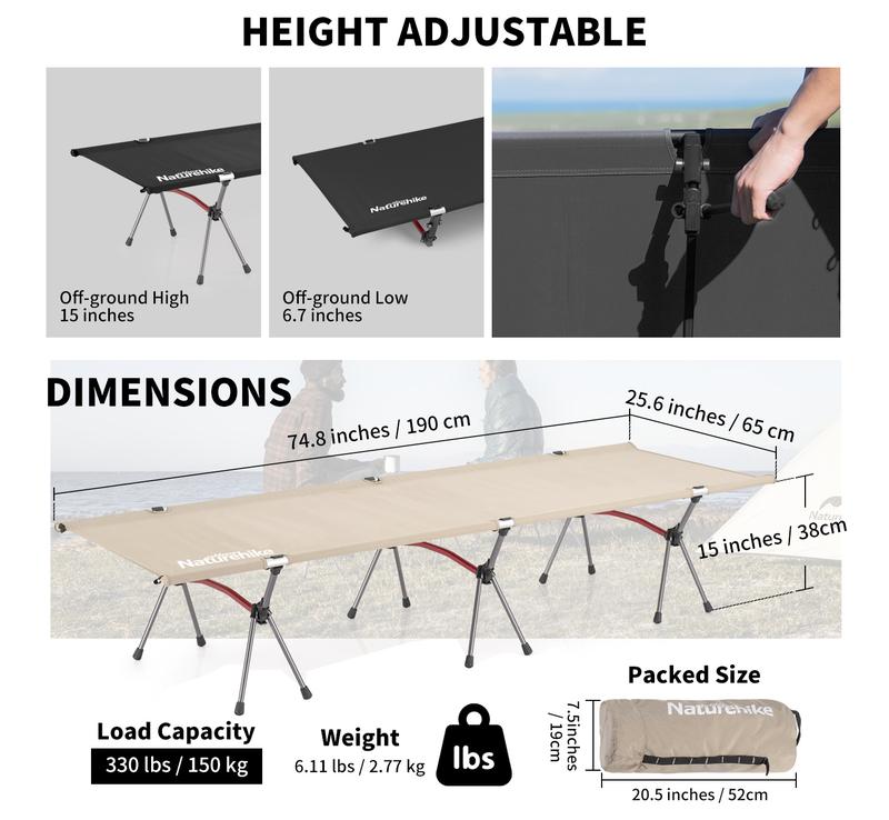 Naturehike ArmyWild Folding Camping Cot,Ultralight Backpacking Bed with Adjustable Height,Portable&Durable Aluminum Frame for Camping,Hiking&Home Outdoorfun camping accessories dealsforyoudays