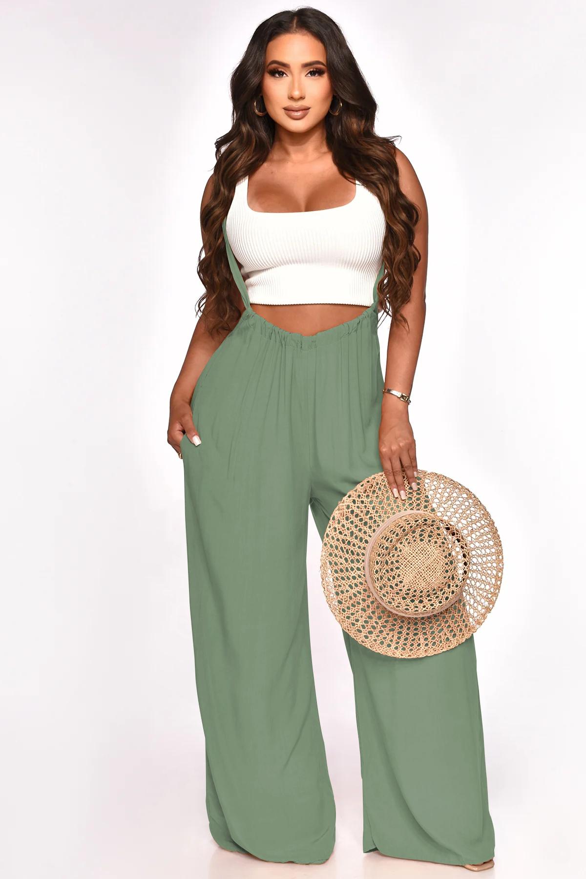 Women's Drawstring Tie Back Wide Leg Pocket Suspender Pants Casual Loose Fit Jumpsuit for Summer, Adjustable Design, Day Wear, Solid Color pants women linen pants