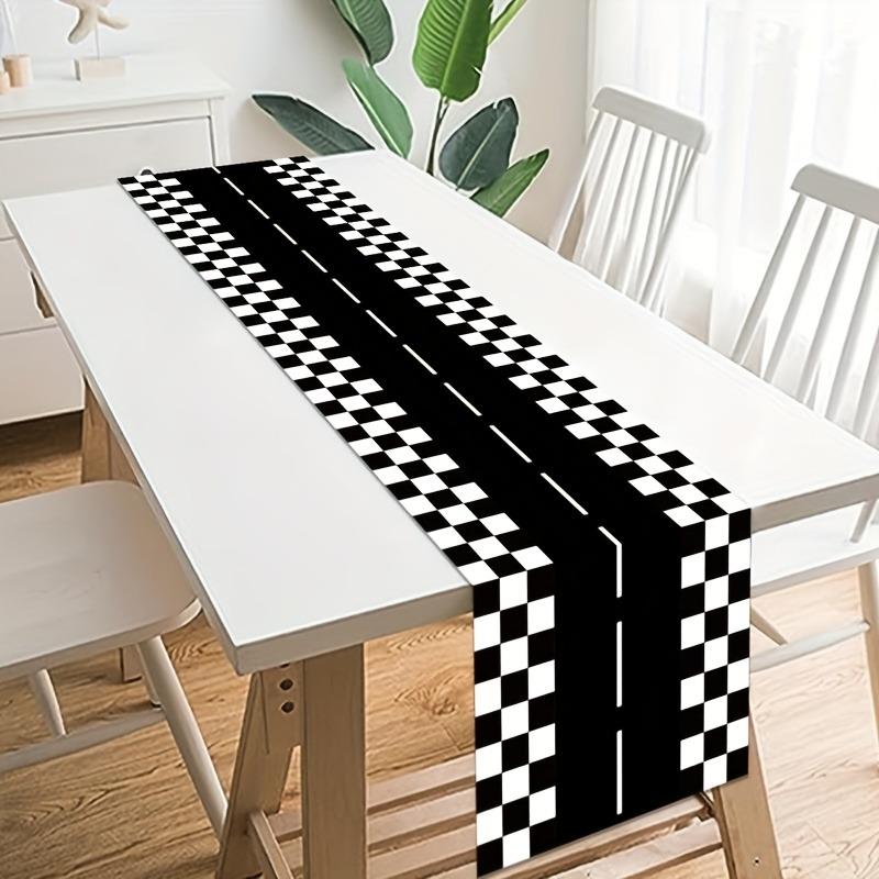 1 piece, racing track fashion table runner, rectangular black and white checkered racing track table runner tablecloth – racing party tablecloth decoration