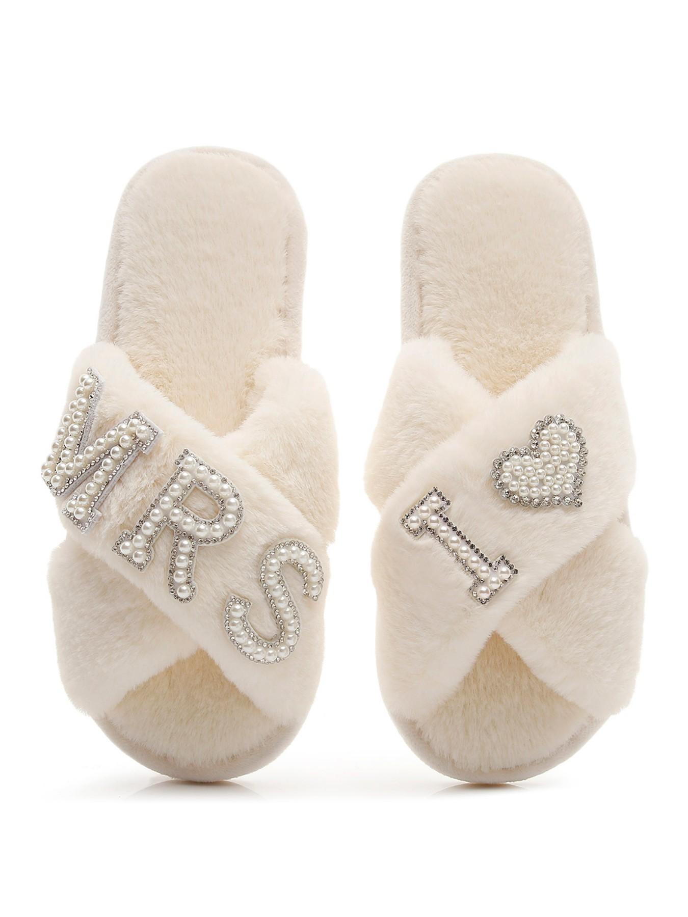 Customizable Wedding Slippers for Bride and Bridesmaids, Elegant X-Strap Fuzzy House Slippers with Pearls and Rhinestones, Casual Indoor Shoes