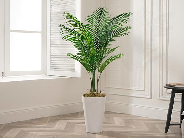 Lifelike 5ft Artificial Palm Tree - Fake Plant with White Tall Pot, Faux Tropical Golden Rattan Palm Tree with Realistic Palm Leaves, Indoor Floor Plant Decorative Fruit Ornaments for Home Office Decor