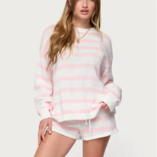 Women's Y2K Cute 2 Pieces Set Striped Color Long-Sleeve Knitted Sweater Top Shorts Waist Drawstring Suitable For Travel And Daily Wear Casual Sweater Matching Sets Woman Spring Autumn Outfits Clothes Back To School