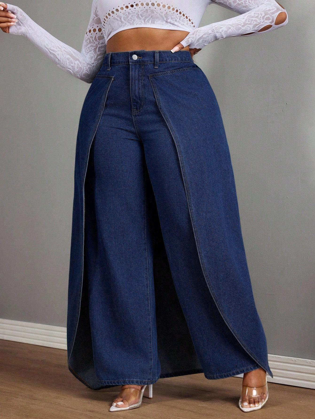 Women's Plus Size Two-Piece Denim Jeans, Casual Faux Two-Piece Design, Comfortable and Stylish Jeans for Everyday Wear