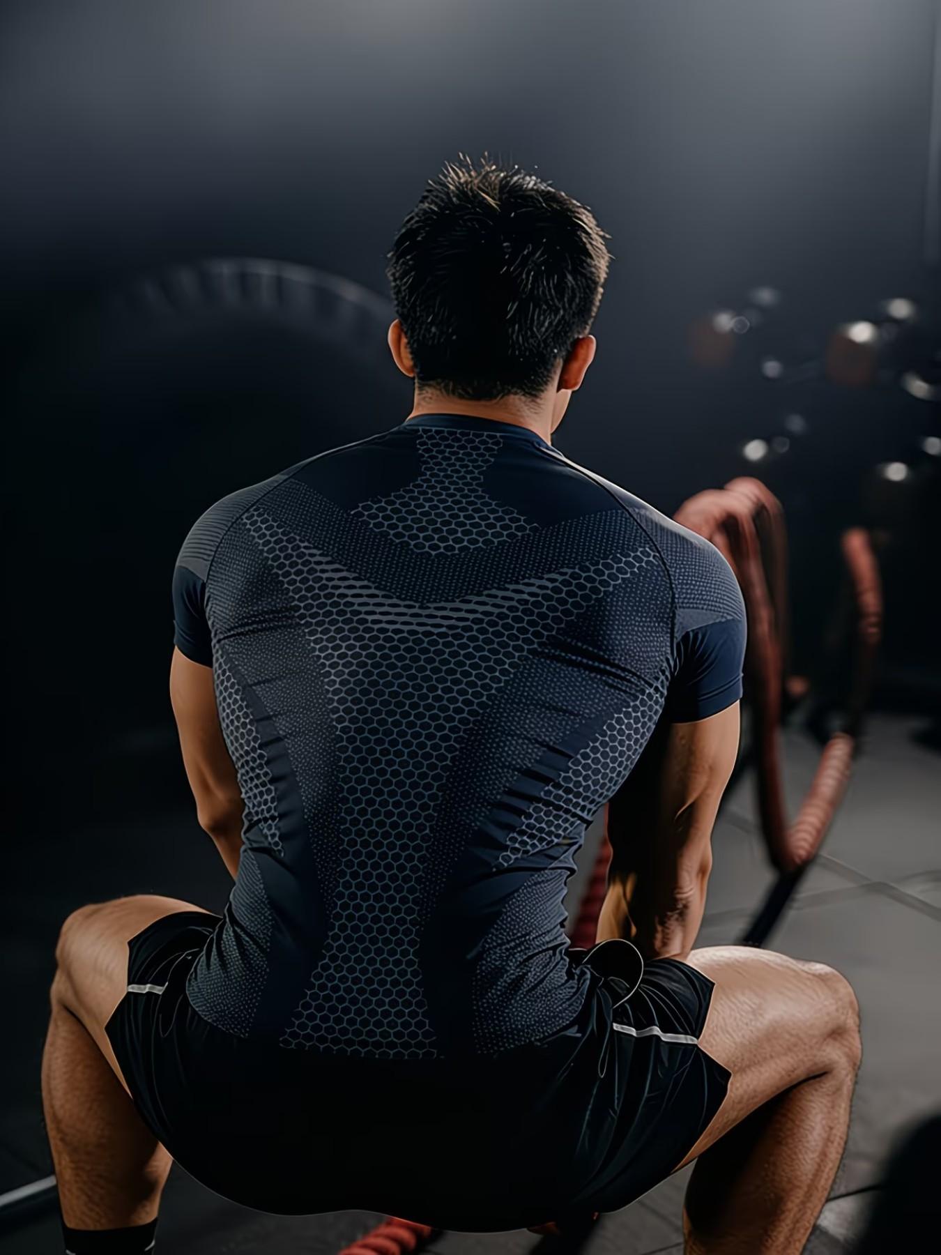 Men's Honeycomb Patchwork Quick-Dry Fitted T-Shirt, Stretch Breathable Wrinkle-Resistant, Boxing Running Fitness Daily Wear