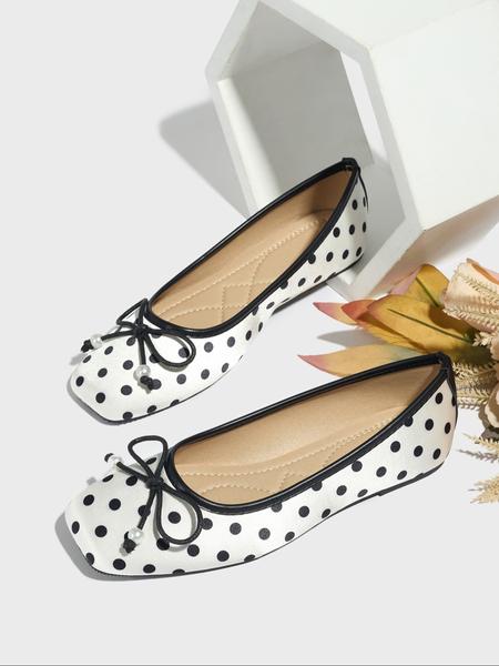 Women's Square Toe Mary Jane Shoes, Polka Dot Design, Comfortable Lightweight Flat Casual Shoes for Fall Winter, Mary Jane Flats