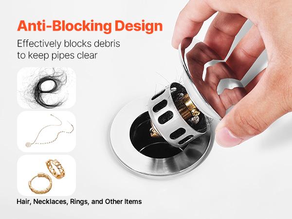 VEVOR Bathroom Sink Drain Without Overflow, Brass and 304 Stainless Steel Pop Up Drains, Anti-Clogging Vessel Drain Strainer, All Metal Hair Catcher Drains Stopper, for Sinks Without Overflow Holes