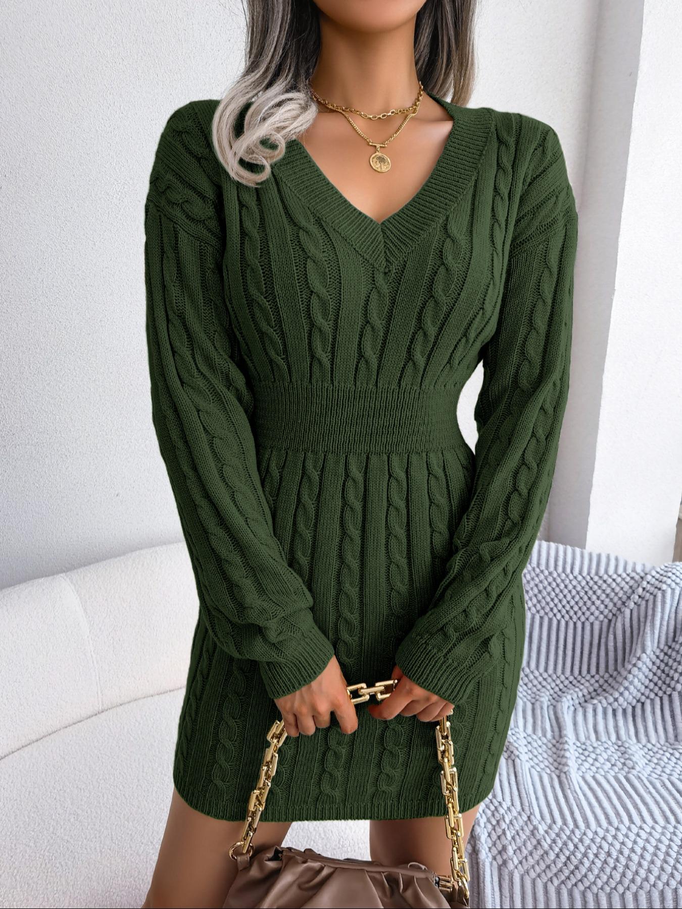 Women's Basic Comfort Solid Textured Drop Shoulder Sweater Dress, Lady's Lady Long Sleeve V Neck Cable Knit Dress, Casual Chic Dress