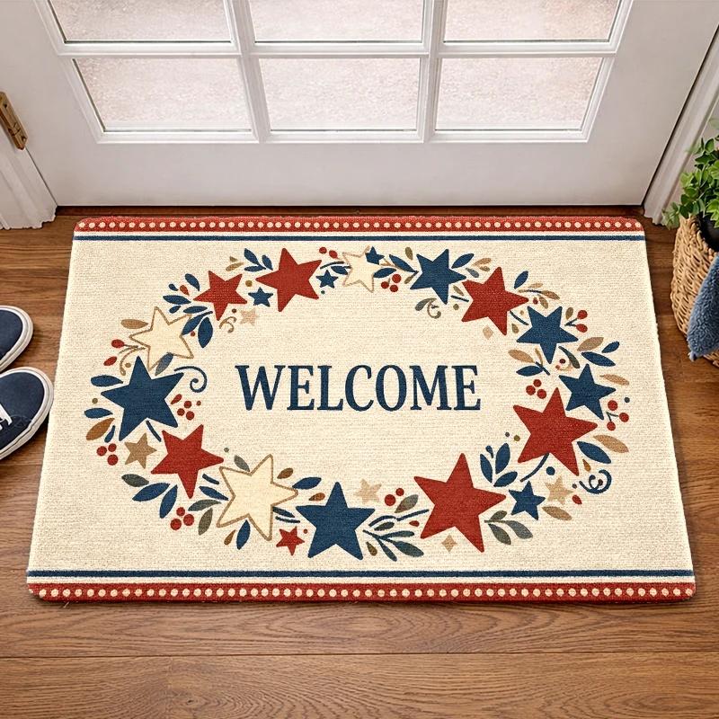 Country Star Wreath Print Doormat Flannel With Rubber Backing Non Slip Absorbent Durable Machine Washable Multipurpose Floor Rug Perfect For Front Door Entryway Living Room Bathroom Indoor Home Decor Treads Stair Non-Slip