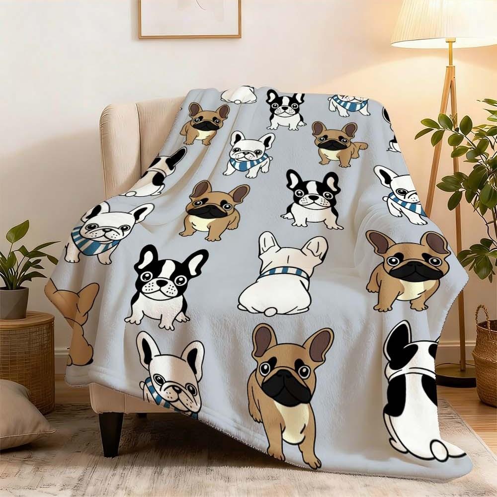 1 Pc Cozy French Bulldog Pattern Blanket for Naps and Relaxation – Perfect for Bedrooms, Sofas, and Camping – Cute and Stylish Cover for Ultimate Comfort