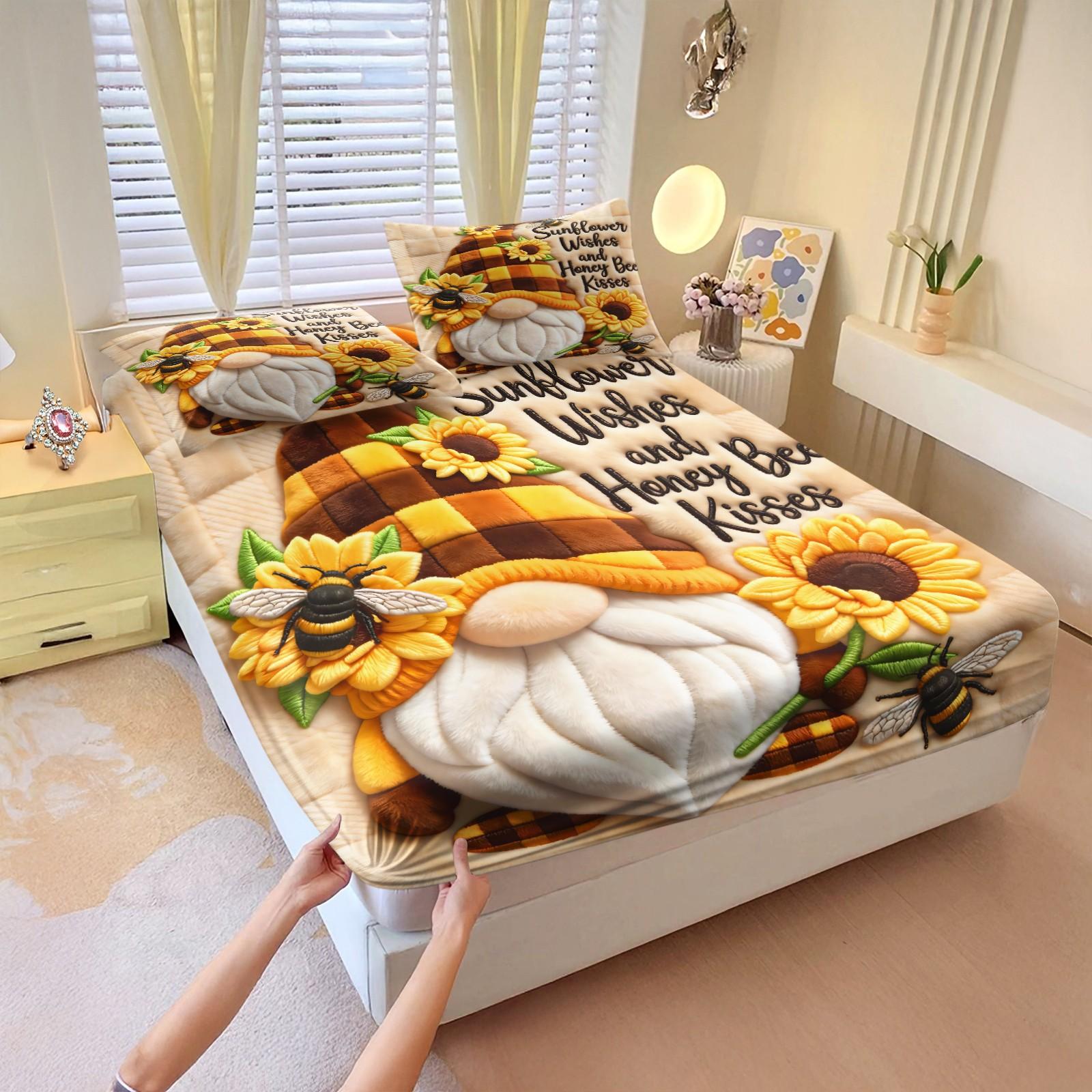Cure-Style Sunflower Print Bed Sheet Set, Plush Warm Bedding with 2 Coreless Pillowcases, Cozy Bedroom Decor, Mattress Cover Clb452
