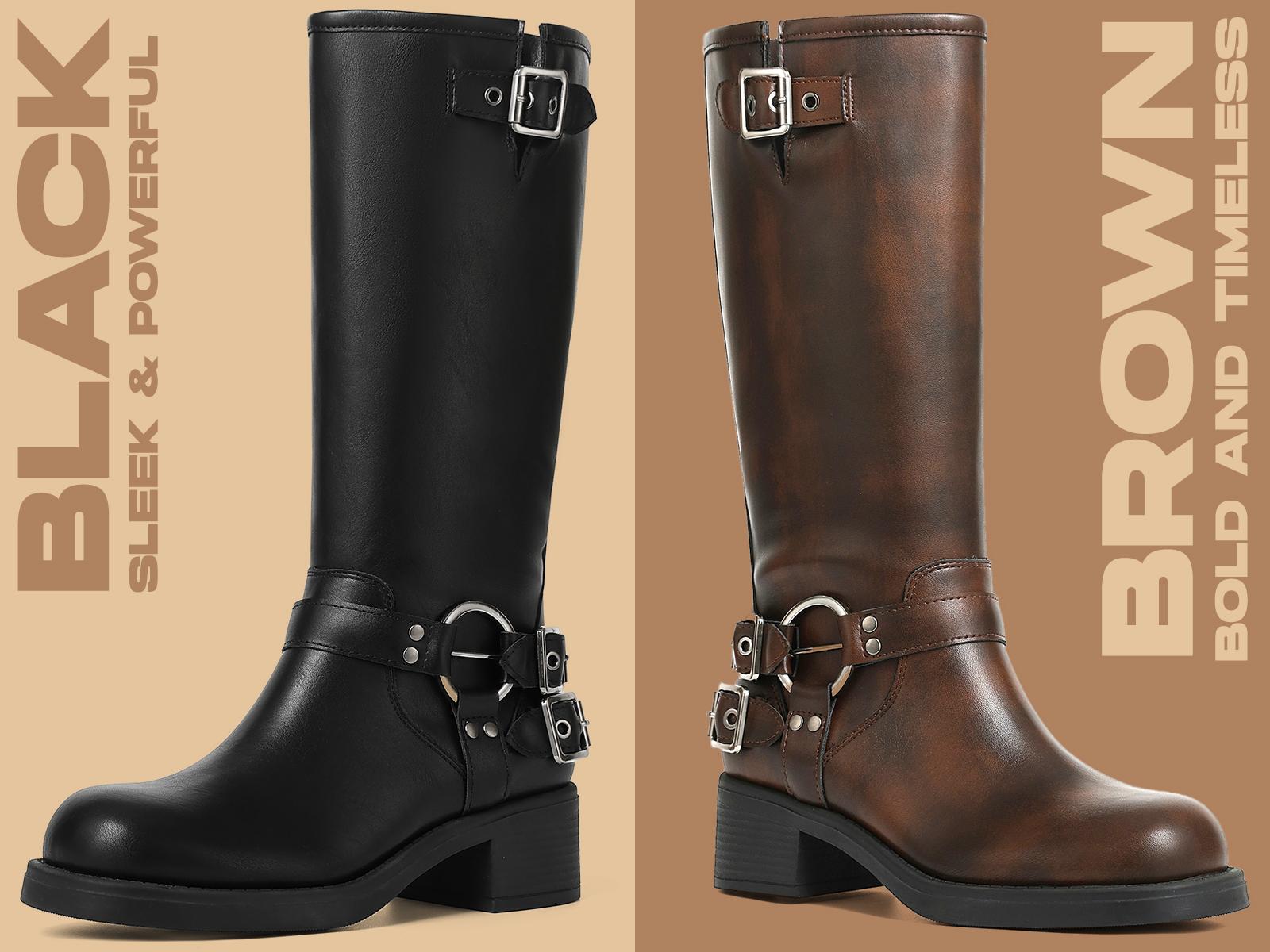 CYNLLIO Motor Cycle Combat Boots Women Round Toe Fashion Metal Buckles Chunky Block Heel Rivets Wide Calf Riding Boot Pull On Casual Vintage Dress Spring Rocky Boots Chunky Heel Vintage Riding Boots