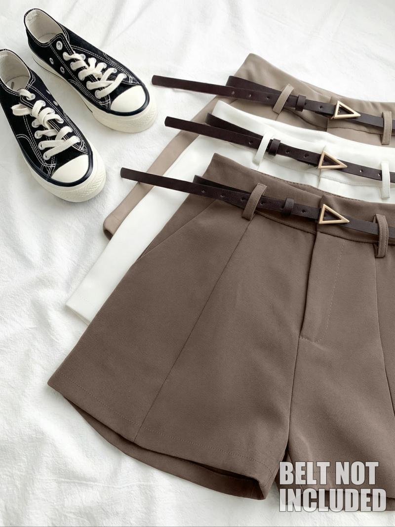 Women's Fashion High-Waisted Comfortable Shorts Set, Pure Color Casual Wear, Home & Outerwear, 3-Piece Suit (no Belt Included)