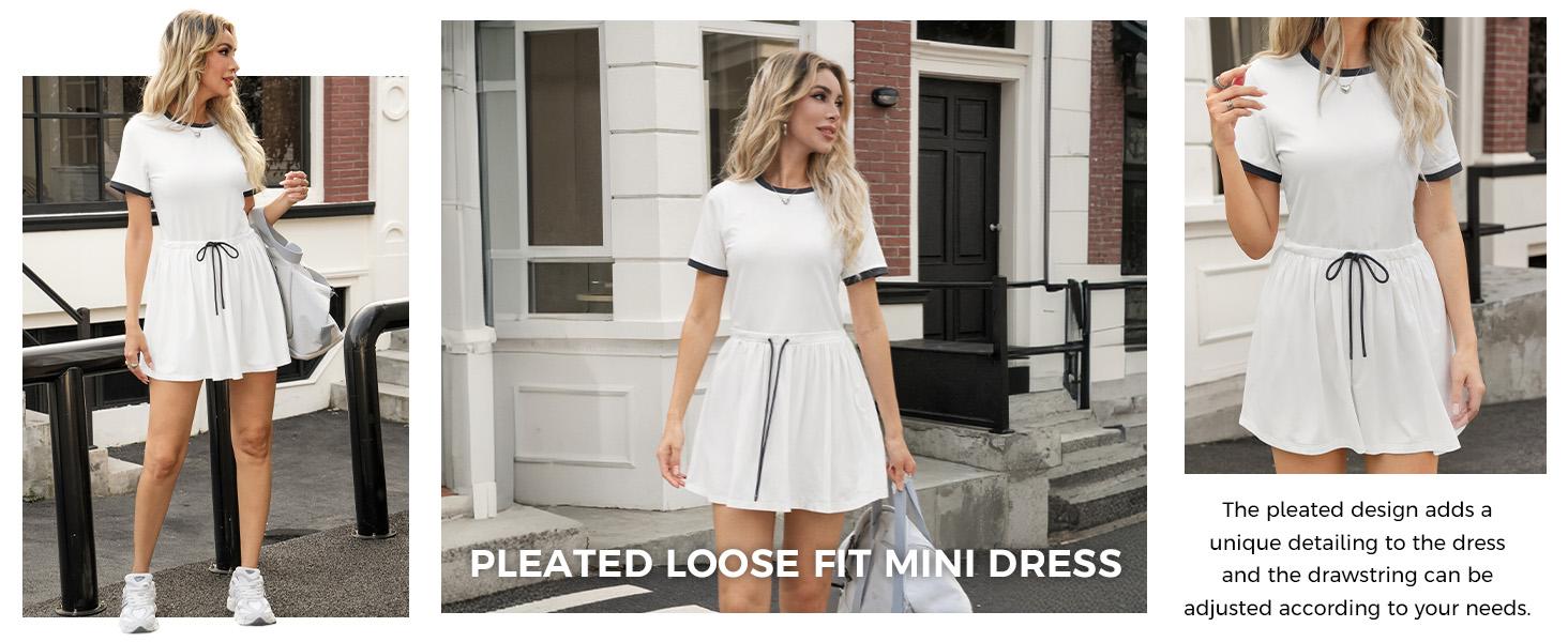 Outdoor&sports Fisoew Women’s Tennis Dress Casual Short Sleeve Pleated Contrast Color Loose Workout Summer T Shirt Dresses